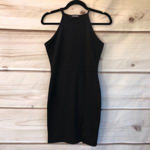 90's neck side split bodycon dress black